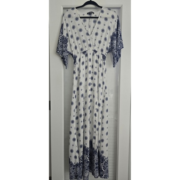 Lulus South of France Womens Maxi Dress Small White Blue Floral Print V Neck - Picture 1 of 9